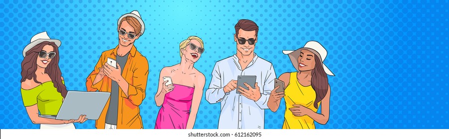 People Group Use Cell Smart Phone Tablet Laptop Computer Chatting Online Over Pop Art Colorful Retro Background Vector Illustration