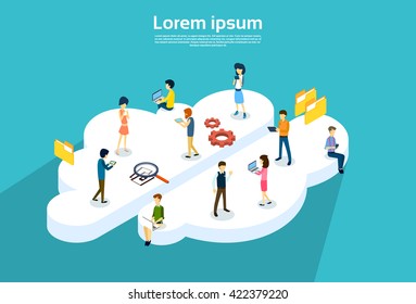 People Group Using Internet Gadgets Online Cloud Service Synchronization Technology 3d Isometric Vector Illustration