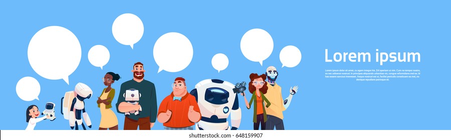 People Group Using Modern Robots, Robotic Assistance Artificial Intelligence Concept Flat Vector Illustration