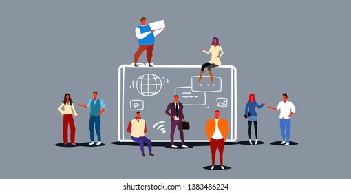 people group using tablet computer social media network communication concept digital device screen mobile application development full length sketch doodle horizontal