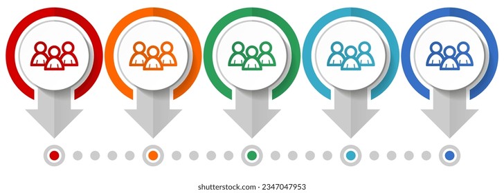 Personas, conjunto de iconos de vector de grupo, plantilla de infografía de diseño plano, establecer iconos de concepto de puntero en 5 opciones de color para diseño web y aplicaciones móviles