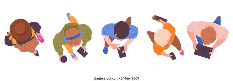 People group view from above. Male and female office workers or students strolling, walking characters top view, people view from above flat vector illustration set. People walking top view