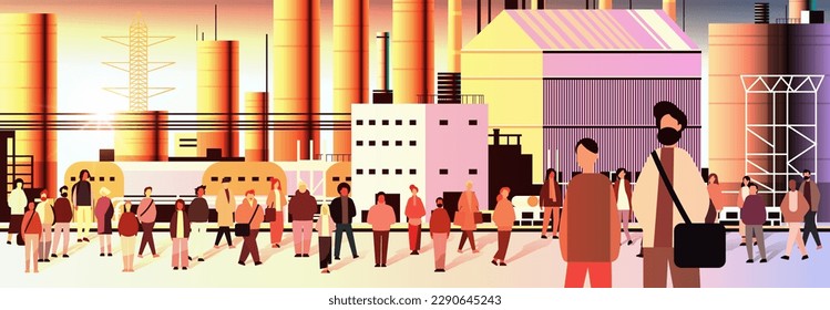 people group walking outdoor mix race men women citizens crowd going along power plant factory buildings with chimneys