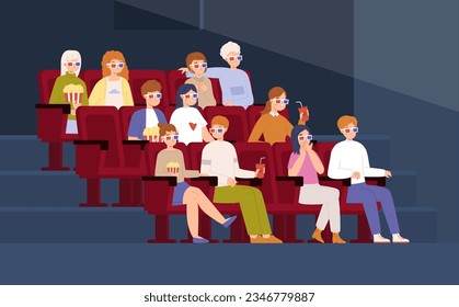 Grupos de gente viendo películas en el cine. Asiento con palomitas de maíz en el cine, niñas y niños miran el espectáculo. Escena de vector de entretenimiento de amigos