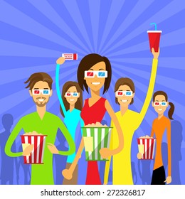 People Group Watching Movie in Cinema 3d Glasses with Popcorn Flat Vector Illustration