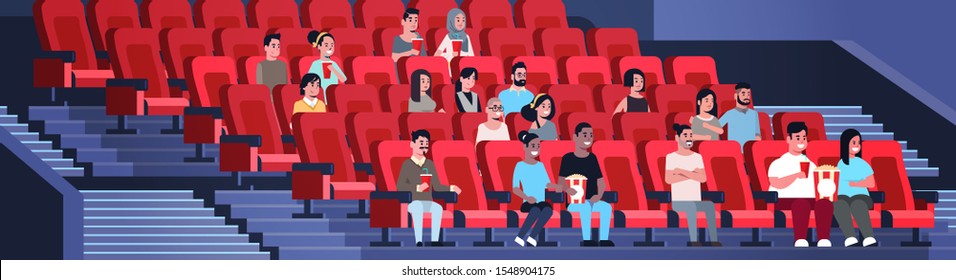 people group watching movie sitting in cinema with popcorn and cola mix race men women having fun laughing at new comedy flat full length horizontal vector illustration