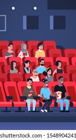 people group watching movie sitting in cinema with popcorn and cola mix race men women having fun laughing at new comedy flat full length vertical vector illustration