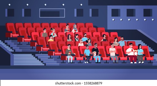 people group watching movie sitting in cinema with popcorn and cola mix race men women having fun laughing at new comedy flat full length horizontal vector illustration