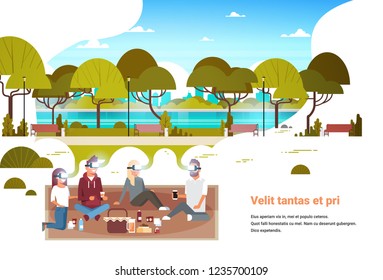 people group wear digital glasses having picnic in city urban park virtual reality vr vision headset innovation concept flat horizontal copy space