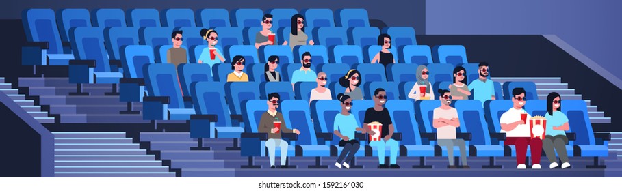 people group wearing 3d glasses watching movie sitting in cinema with popcorn and cola mix race men women having fun laughing at new comedy flat full length horizontal vector illustration