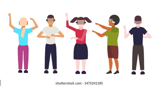 people group wearing modern 3d glasses mix race men women experiencing virtual reality through headset vision vr digital technology concept cartoon characters flat full length horizontal
