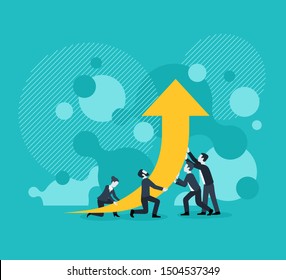 People group (working team) holding chart scheme with arrow up on abstract background - vector concept for illustration of profit, growth, success