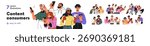 People groups looking at mobile phones screens set. Couples, friends watch video, scroll social media, read news together. Content consumers. Flat vector illustrations isolated on white background