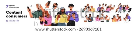 People groups looking at mobile phones screens set. Couples, friends watch video, scroll social media, read news together. Content consumers. Flat vector illustrations isolated on white background