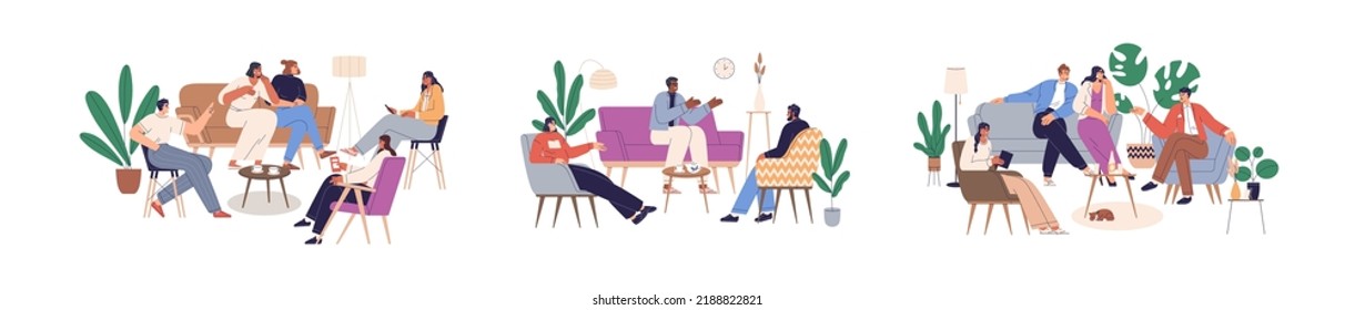 People groups speaking, discussing smth at talk shows, at home. Men, women communication, discussion, sitting on sofa, armchair in living room. Flat vector illustrations isolated on white background
