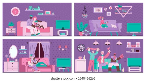 People groups watching TV at house interior background vector illustration.