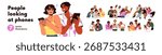 People groups watching video, scrolling social media, reading news together set. Couples, friends looking at screens with mobile phones in hands. Flat vector illustrations isolated on white background