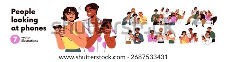 People groups watching video, scrolling social media, reading news together set. Couples, friends looking at screens with mobile phones in hands. Flat vector illustrations isolated on white background