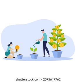 People Grow, Plant And Water The Money Tree. They Work Together And Run A Profitable Business. Vector Illustration For Business, Finance, Investment, Growth, Prosperity Concept.