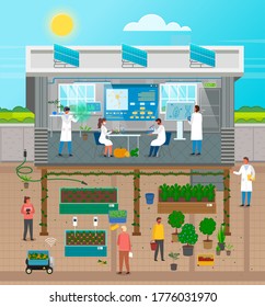 People grow plants using solar power and hydroponics. Scientists test samples, harvest and grow crops using modern technology. Urban agriculture. Urban agriculture with developed infrastructure