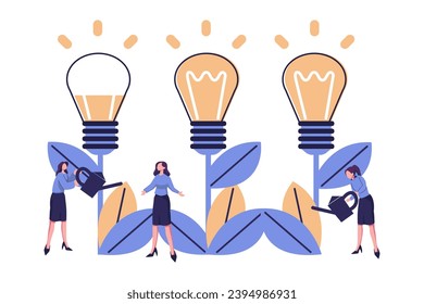 people grow potted plants, a metaphor for the birth of a creative idea flat vector illustration