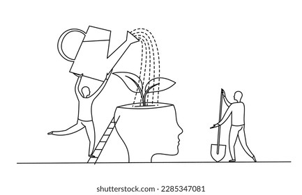 People grow a sprout in the head. Educational concept. Formation of belief, brainwashing, propaganda. Minimalistic outline black and white vector drawing.