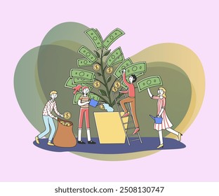 People growing money tree flat vector illustration. Cartoon character investing finance for revenue and growth. Financial wealth and prosperity concept