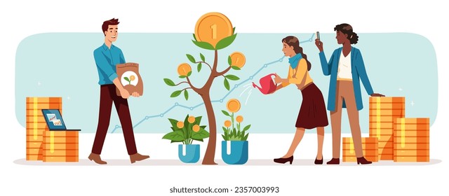 People growing money tree as investment concept. Business man, women watering coin tree investing money and getting income. Finance, banking, financial profit, wealth growth flat vector illustration