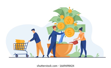 People growing money tree. Investors watering plant with cash, getting revenue. Vector illustration for business, finance, investment, growth, prosperity concept