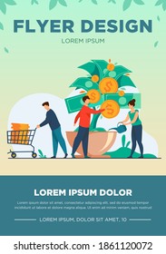 People growing money tree. Investors watering plant with cash, getting revenue. Vector illustration for business, finance, investment, growth, prosperity concept