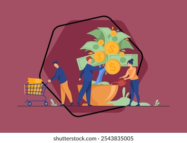 Personas cultivando árboles de dinero. Inversores regando la planta con dinero en efectivo, obteniendo ingresos. Ilustración vectorial para los negocios, finanzas, inversión, crecimiento, concepto de prosperidad