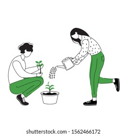 People growing plants flat contour vector illustration  Gardeners isolated cartoon outline character white background  Couple seeding   watering houseplants simple drawing  Gardening concept