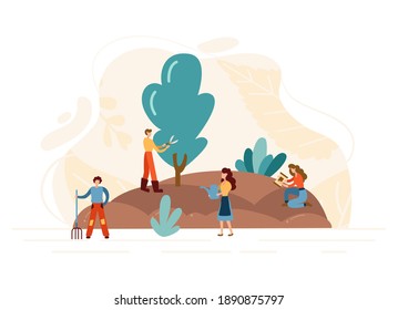 People growing plants in nature. Concept of an ecological garden and lifestyle. Vector flat illustration