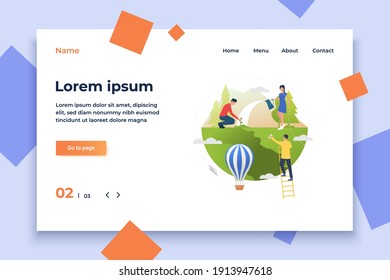 People growing plants on Earth globe and hot air balloon. Lifestyle, environment care, leisure, activity concept. Vector illustration can be used for topics like vacation, nature, summer