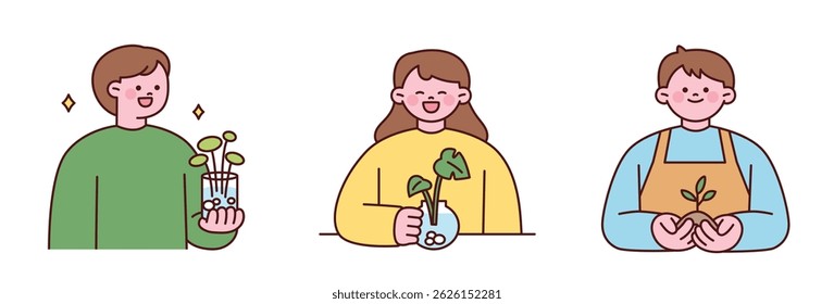 People growing plants in water and holding seedlings with bulbs. Cute flat style hydroponics and plant care concept.