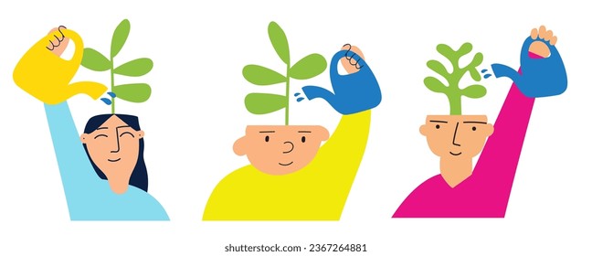 People growing positive emotions in their heads. Flat design. Mental health. Positive emotion. Illustration on white background.