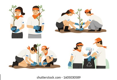 people growing tree, afforest, save the earth activity flat cartoon character design set