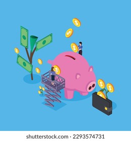 People growing tree with coins and money, making profit 3d isometric vector illustration concept for banner, website, landing page, ads, flyer template
