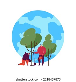 People growing trees together. Reforestation, protection of planet flat vector illustration. Reforestation, environmental agriculture concept for banner, website design or landing web page