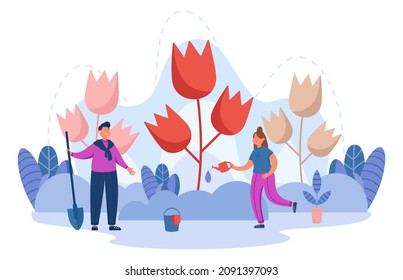 People growing tulips in spring garden. Tiny happy man and woman holding shovel and watering can in hands, cultivating flowers flat vector illustration. Springtime nature, agriculture, hobby concept