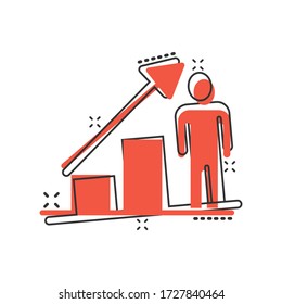 People with growth arrow icon in comic style. Work strategy cartoon vector illustration on white isolated background. Office training splash effect business concept.