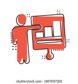 People with growth arrow icon in comic style. Work strategy cartoon vector illustration on white isolated background. Office training splash effect business concept.