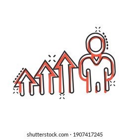People with growth arrow icon in comic style. Work strategy cartoon vector illustration on white isolated background. Office training splash effect business concept.
