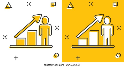 People with growth arrow icon in comic style. Work strategy cartoon vector illustration on white isolated background. Office training splash effect business concept.
