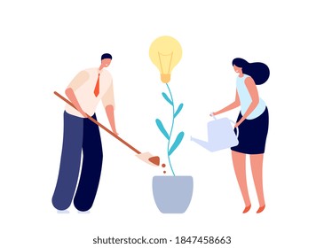 People growth idea. Growing innovation, teamwork or investment in future metaphor. People planting business support utter vector concept