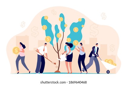 People growth money. Investment bankers, financial income profit metaphor. Cartoon coins on tree, successful business utter vector concept