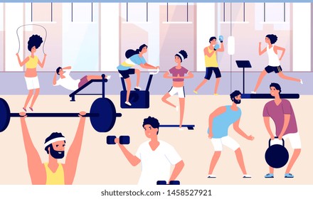 People in gym. Athletes group doing fitness exercise, cardio training and weight lifting in gym. Sports lifestyle vector concept. Illustration of fitness gym, training exercise for body