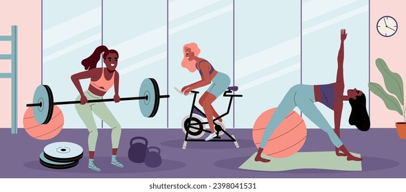 People in gym concept. Woman with barbell, girl at cycle and sportswoman stretching. Bodybuilding, yoga and cardio training. Active lifestyle and sport. Cartoon flat vector illustration