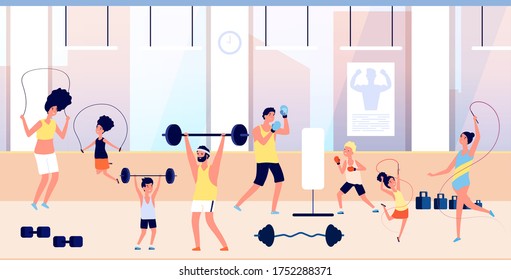 People in gym. Family training, sports for adults and children. Exercises with barbell, man boxing with boy. Parents and kids active lifestyle vector illustration