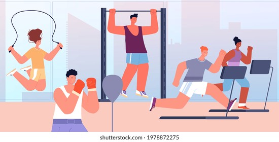 People at gym. Flat sport, healthy lifestyle person. Successful training, fitness group sporting. Cardio workout with equipment utter vector illustration